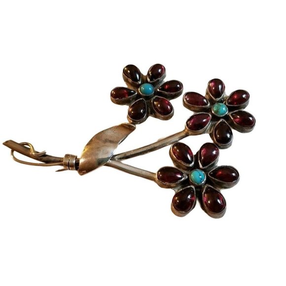 Artisan Brooch Sterling Silver Garnet Turquoise Flower Pin JS14 - Picture 4 of 10